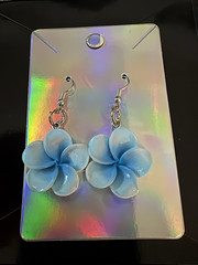 Blue Plastic Round Bead Flower Dangle Drop Earrings, Hook Closure