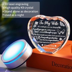 Romantic K9 Crystal Heart Gift for Wife with LED Base Anniversary Birthday