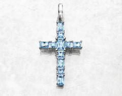 Exqusite Cross Pendant Charm 925 Sterling Silver Aquamarine Cz 1.7 inch Gift