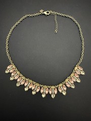 Gold Tone Cable Chain Bib Statement Necklace w/ Pink Marquise Crystals, Adj