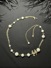 CHANEL Gold Tone Faux Pearl Beaded Cable Chain Necklace CC Logo Charm