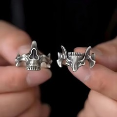 Dual Skull Ring (Adjustable) Gothic Rave Punk Silver Ring Set Y2K