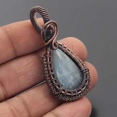 Aquamarine Gemstone Copper Wire Wrapped Handmade Pendant Jewelry Gift For Wife