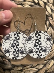 Large Round Black & White Floral Earrings