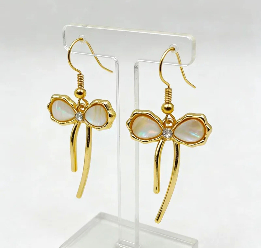 Gold Tone Bow Dangle Drop Earrings Hook White Inlay Oval Rhinestones 4.5cm