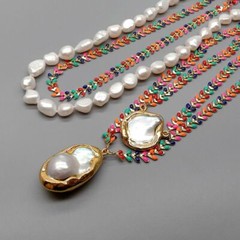 Multi Color Enamel Chain White Baroque Pearl Necklace Keshi Pearl Charm Pendant