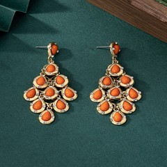 Orange Teardrop Stone Tassel Long Drop Dangle Earrings Gold Rhinestone Inlaid