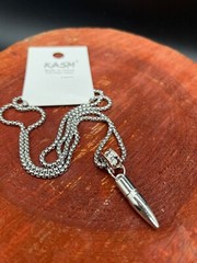 Stainless Steel Bullet Pendant Necklace 28” With Artificial Gemstone Inlay