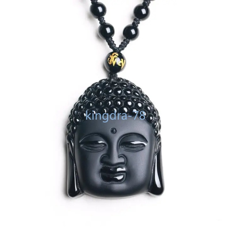 Chinese Obsidian Buddhist Buddha Head Pendant Necklace Amulet Jewelry
