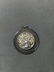 Round Tree of Life Charm Pendant, Silver Tone Metal, green gemstones