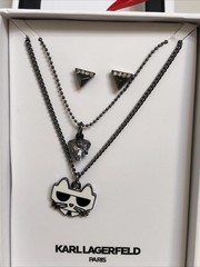 Karl Lagerfeld Paris Choupette Layered Pendant Necklace & Stud Earring Set NIB