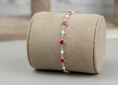 Red Ruby & Pearl Silver Plated Minimalist Boho Chain Bracelet | Handmade Premium