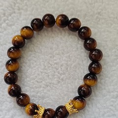 Tiger’s Eye Brown Round Beaded Stretch Bracelet, Gold-Tone Crown Spacers