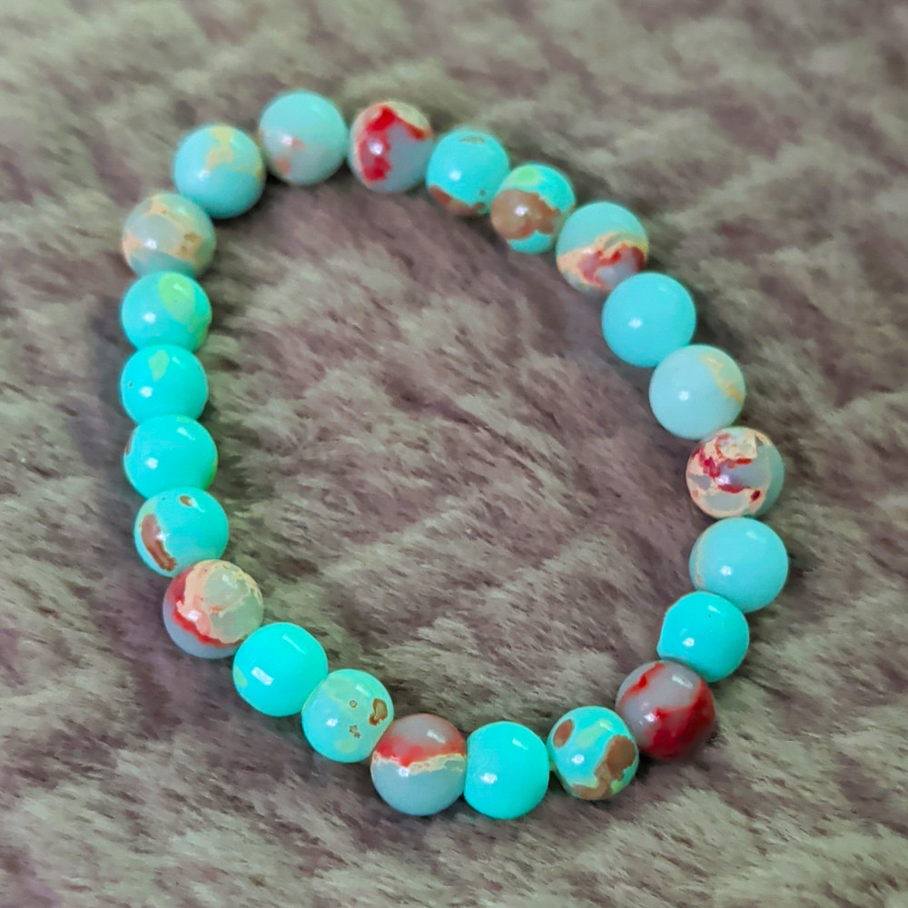 Blue/Brown/White Round Stone Beaded Stretch Bracelet No Clasp Sizable