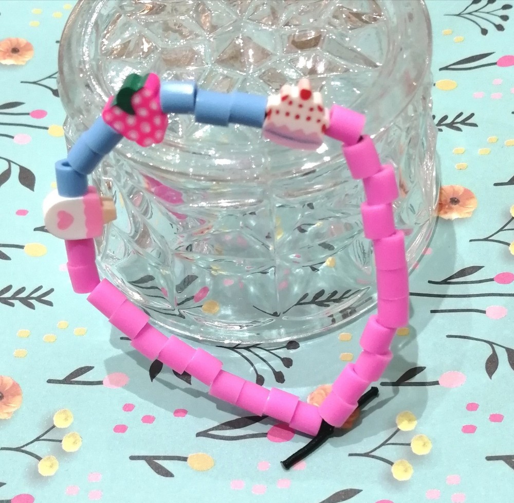 Pink Blue Plastic Polymore Clay Charm Beaded Stretch Stacking Bracelet