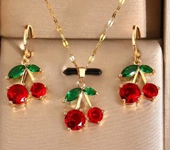 Cute Cherry Necklace And Earrings Set Women Girls Fashion Jewelry Golden Toned