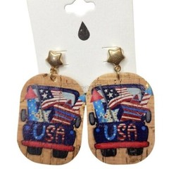 VIOLA Patriotic 4th Of July Rounded Rectangular Cork Statement Earrings NWT