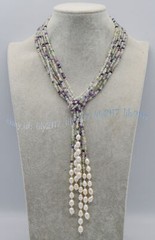 3 Strands 4mm Multicolor Fluorite White Freshwater Rice Pearl Lariat Necklace
