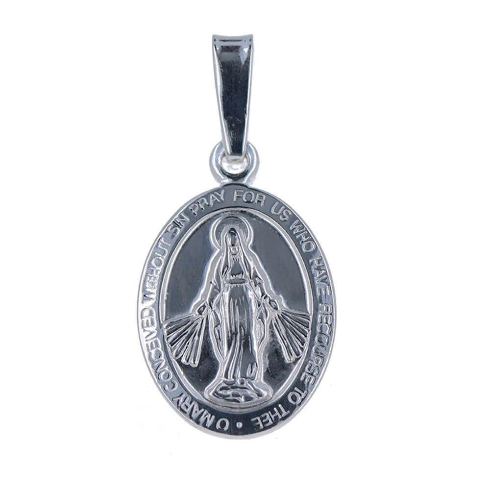 Sterling Silver, Miraculous Mary Pendant, Two-Sided Oval Medallion, 1 in Pendant