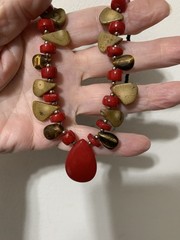 Red And Gold Beaded Statement Necklace,in Silver Tone,withRed Hang,Tear Drop.18”
