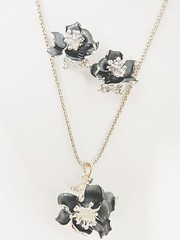 Chic Silver 3D Black Gray Flower Line Chain Rhinestone Necklace Earrings Set