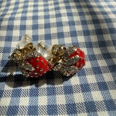 Strawberry Gold Plated Stud Earrings Red Enamel Cubic Zirconia Accents