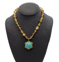Amber Shades Glass Beaded Necklace Hand Knot Ceramic Metal Southwestern Pendant