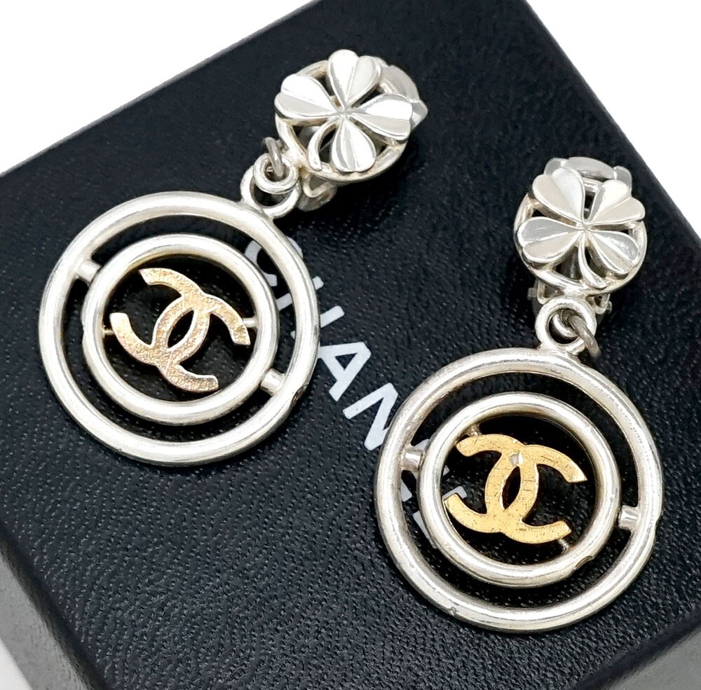 CHANEL CC Logos Clover Dangle Earrings Silver & Gold Tone 96P Auth w/Box b1077