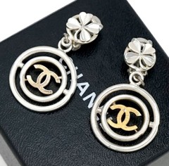 CHANEL CC Logos Clover Dangle Earrings Silver & Gold Tone 96P Auth w/Box b1077
