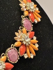 Chunky Floral Bib Statement Necklace Gold Tone Orange Pink Rhinestone Flower 20″
