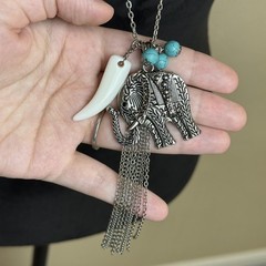 Silver Tone Elephant Tassel Pendant Necklace 36 In Womens Turquoise Boho Jewelry