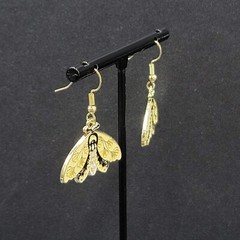 Moth Pierced Earrings Gold tone Yellow Black Enamel Dangle 3/4″