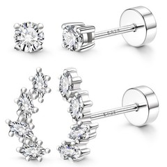 2 Pairs 925 Sterling Silver Flat Back Earrings for Women Dainty Gold CZ Flatb…