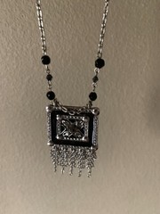 Silver Tone & Black Square Pendant Necklace w Dangling Chains & Magnetic Clasp