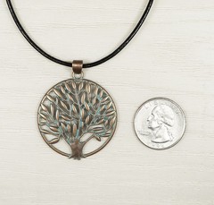 Copper Patina Tree Statement Pendant Boho Black Leather Cord Necklace