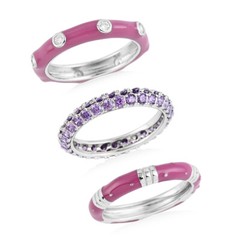 Set of 3 CZ and Lilac Enameled Band Ring Rhodium Plated 7.80ctw Size 5