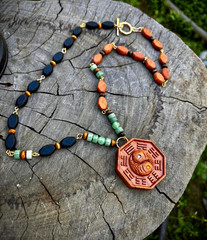 Handmade Necklace w/ Octagon Wood Amulet Pendant, Brown/Black/Green, Toggle.