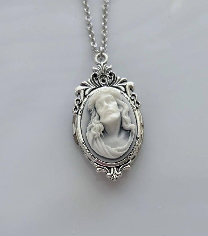 Jesus Christ Cameo Hidden Locket Necklace Pendant, White/Hazy Blue, Religious