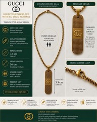 Gucci Gold Tone GG Logo Pendant Necklace Unisex 56cm Chain 3.5cm Pendant