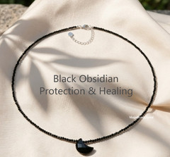 Black Obsidian Moon Pendant Choker Dainty Healing Protection Crystal Necklace