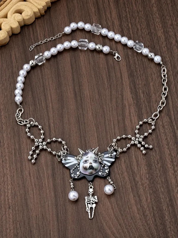 Gothic Skull Pearl Accent Necklace