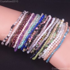 Natural Faceted Round Gemstone 2mm 4mm Handmade 925 Silver Stretchy Bracelet 7″