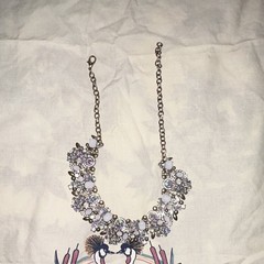 Gold Tone Statement Bib Necklace White Beads Clear Rhinestones Lobster Clasp