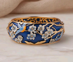 Champleve Enamel Flower Ring Stainless Steel Blue Bird