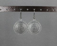 Silver stamped medallion dangle disc 1.75″ long earrings lightweight antiqued