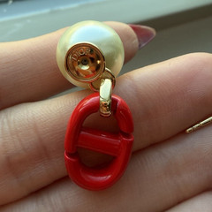 Dior Red Resin Link Dangle Drop Earrings Gold Tone Plated