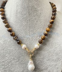 Natural Yellow Tiger’s Eye Gems Beads White Keshi Baroque Pearl Pendant Necklace