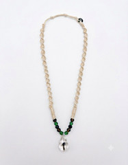 Beaded Necklace Green Black Beads Silver-Tone Teardrop Clear Charm Pendant