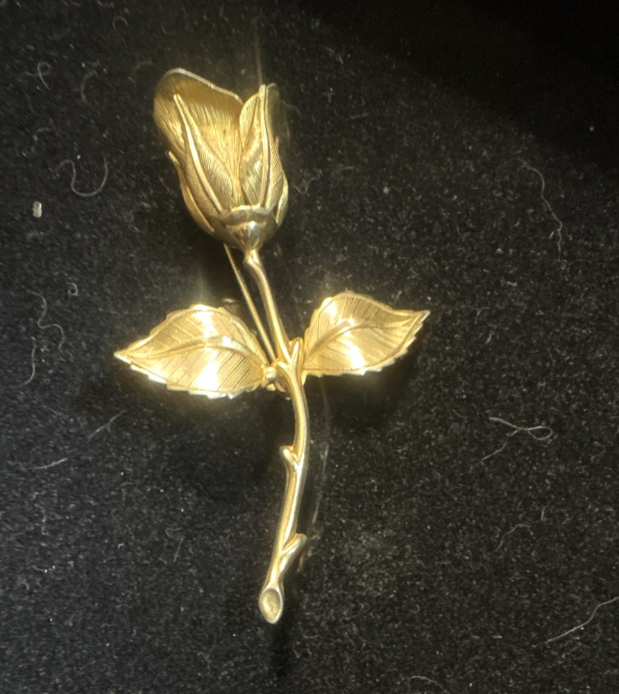 Gold Tone Rose Flower Brooch Pin with Leaves, Metal, Flowers & Plants, No Stone