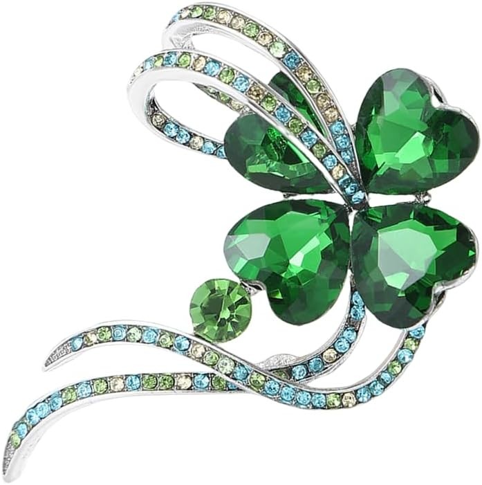 Rhinestone Clover Flower Bow Brooch Pin for Women Silvery Fashion Green Crystal
